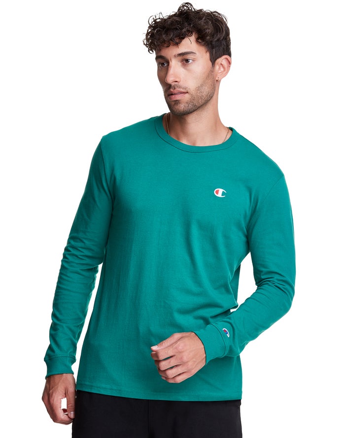 Champion T-Shirt Heren - Turquoise - Long-Sleeve Lightweight C Logo ( 923170-YOQ )